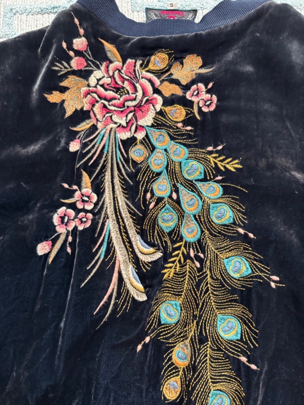 Johnny Was velvet Navy Jacket with Fuchsia & Yellow Embroidered Floral Patch - Picture 4 of 8